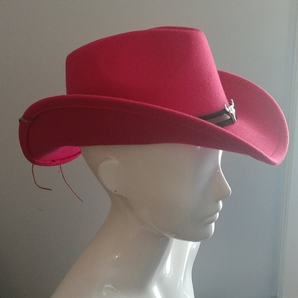 New Pink Unisex Western Cowboy Outback Boho Hat with Steer Head Tie Band - Picture 9 of 13